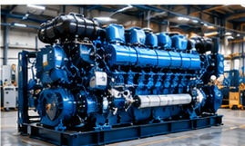 Motores industriales grandes de color azul en un entorno de fábrica.
