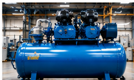 Tanque de presión azul con componentes mecánicos en un entorno industrial.