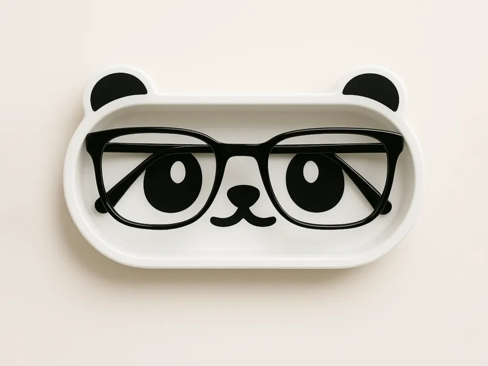 White decorative tray with panda face featuring black glasses and black ears.
