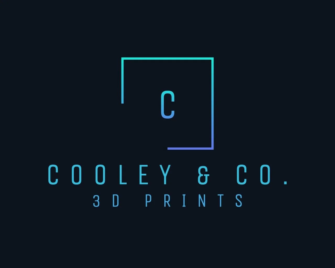 Cool stylized logo with a neon outline of a square and the letter 'C' inside, with text 'COLEY & CO.' and '3D PRINTS' beneath, all in blue on a dark background.