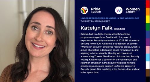 A woman with long dark hair and light skin, wearing a black top, looking at the camera, standing next to a presentation slide about her professional background and achievements in security and diversity initiatives.
