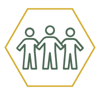 a yellow outline of a hexagon with a green line drawing of three people holding hands inside