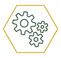 a yellow outline of a hexagon with a green line drawing of gears inside