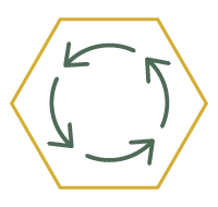 a yellow outline of a hexagon with a green line drawing of four arrows forming a circle inside
