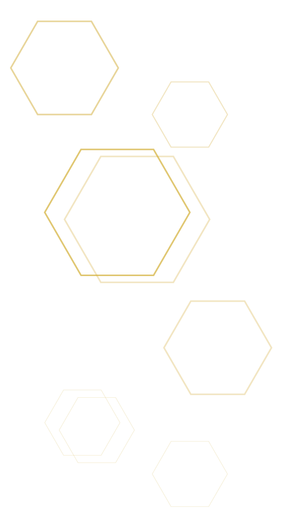 Multiple gold-outlined hexagons of various sizes floating on a blank background