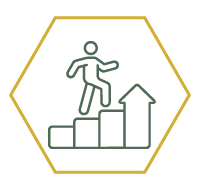 an outline of a yellow hexagon with a green line drawing of a person climbing upward