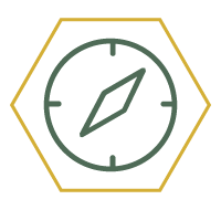an outline of a yellow hexagon with a green line drawing of a compass inside