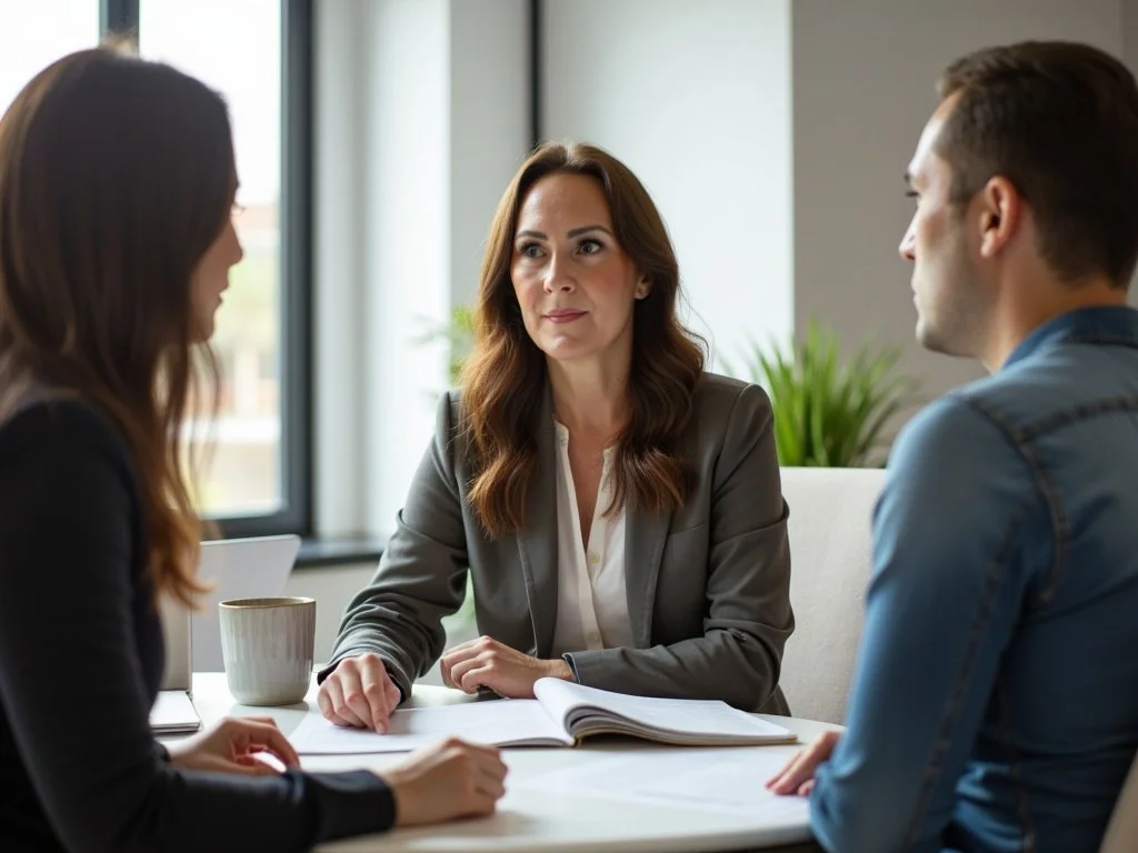 a photo of a business woman meeting with two clients and discussing strategy