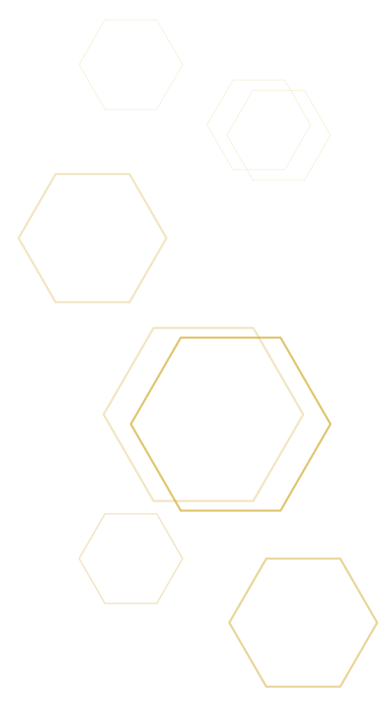 Multiple gold-outlined hexagons of various sizes arranged in a small cluster