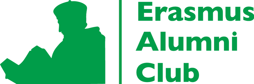 Green logo with silhouette of a person reading a book on the left and the text 'Erasmus Alumni Club' in green on the right.