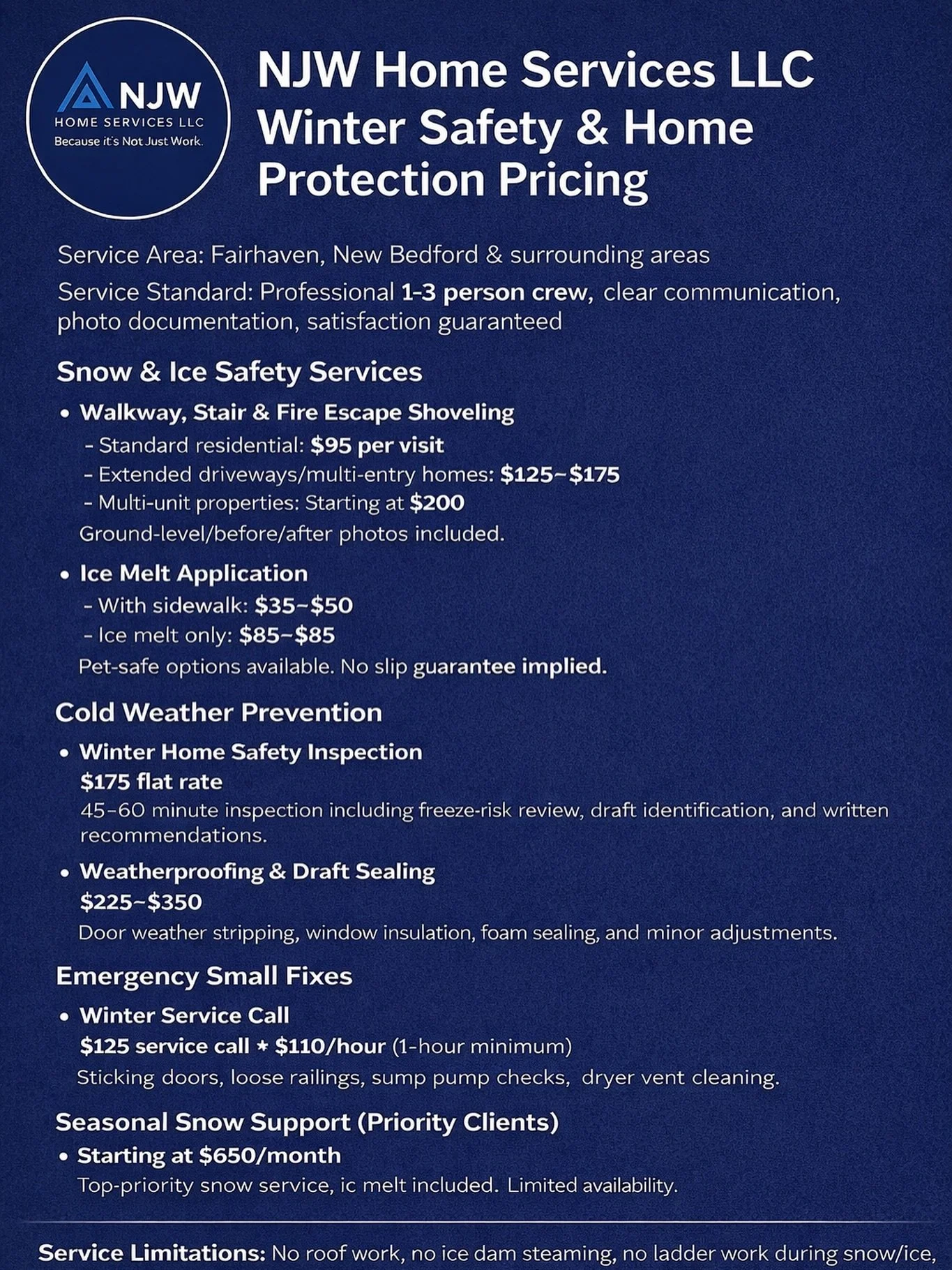 ❄️ Winter services are here ❄️ 
&bull;Snow &amp; ice safety &bull;Cold-weather prevention
&bull;Emergency small fixes&bull; Seasonal priority support 
🏠 Serving Fairhaven, New Bedford &amp; surrounding areas.
📞 774-400-7448 📧 Taylor@njwhomeservice