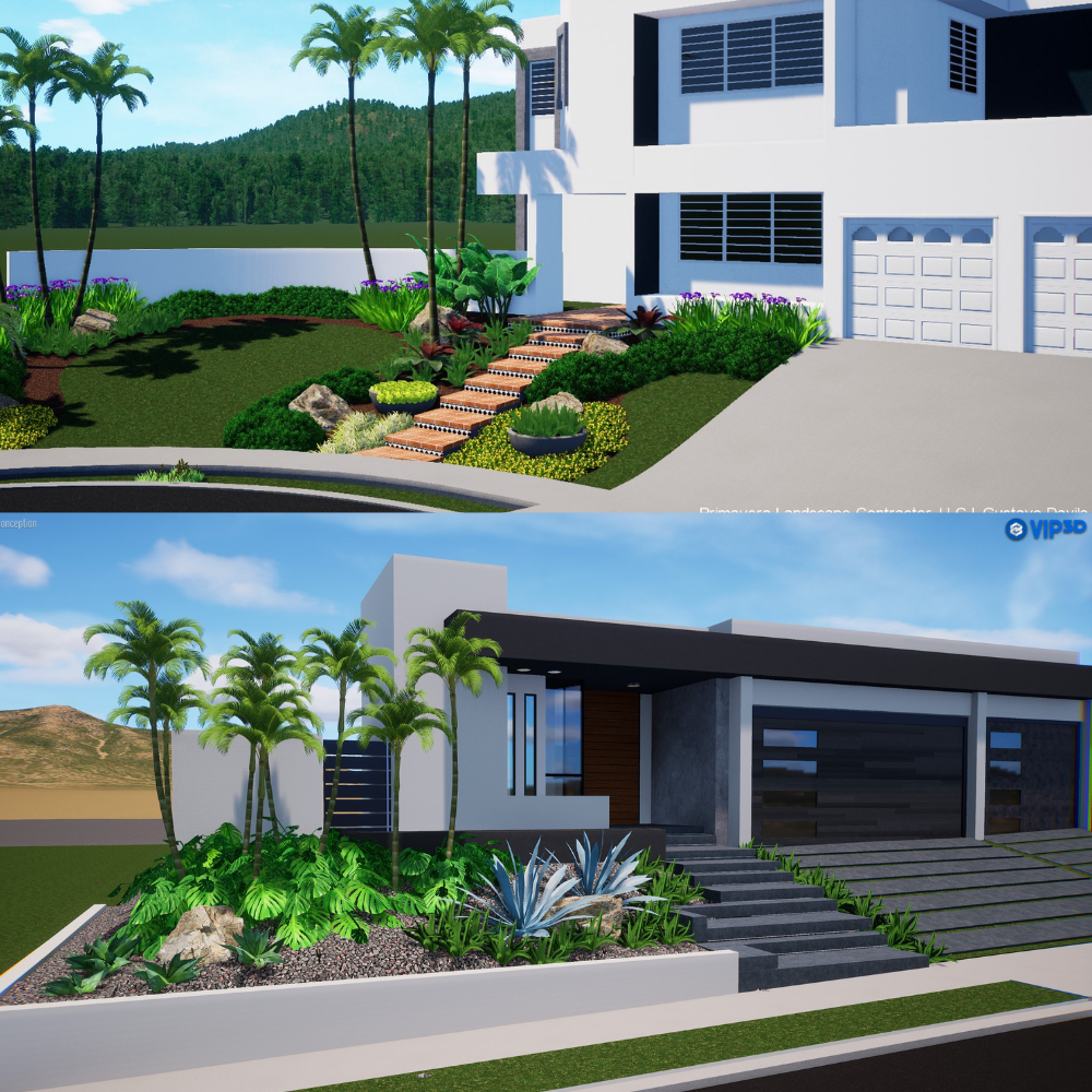 Two modern houses with landscaped front yards featuring palm trees, bushes, rocks, and wooden or concrete stairs. The top house is white with a garage, and the bottom house has a darker exterior with large windows and steps leading to the entrance.