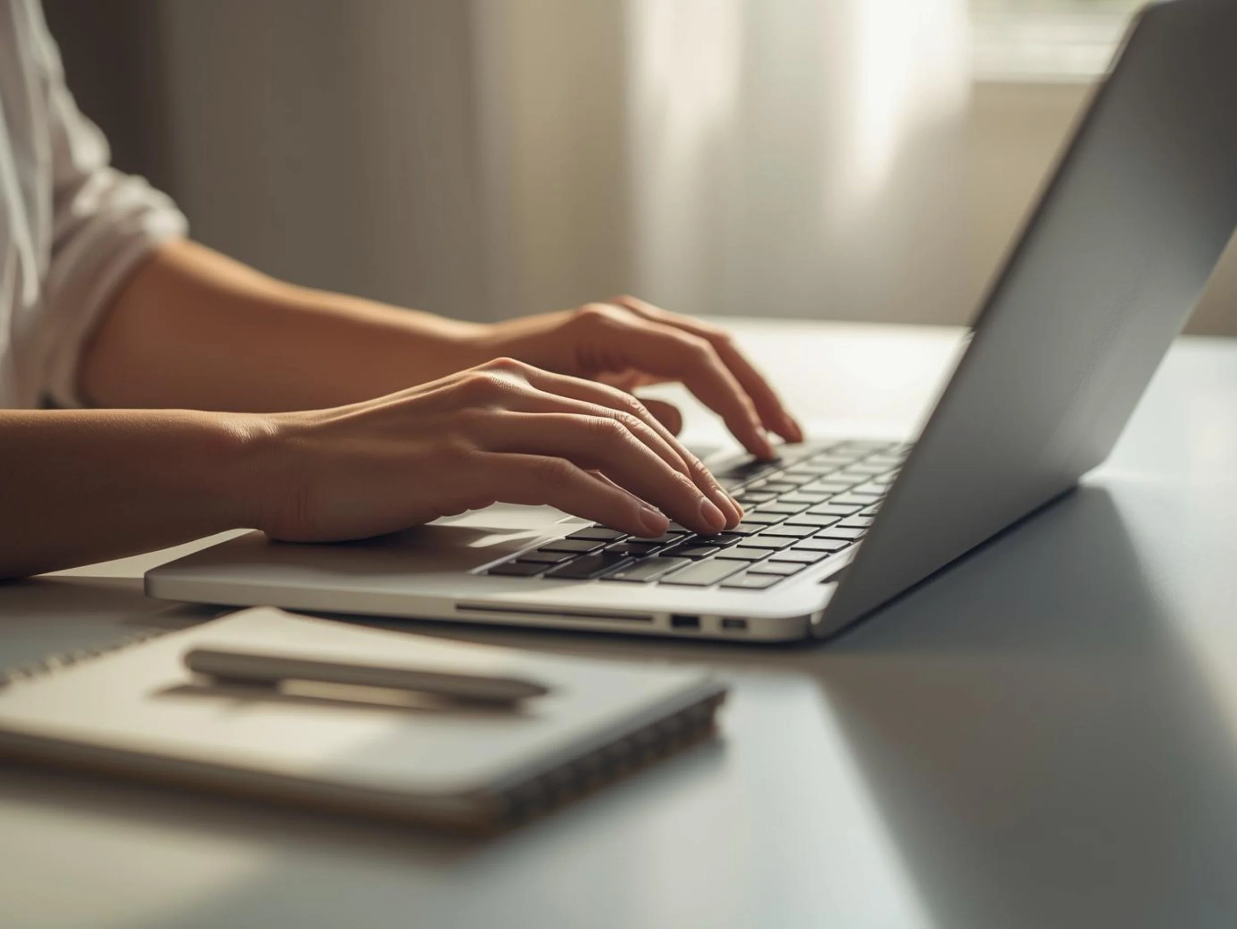 Person typing on a laptop with a notebook and pen in the foreground, representing the revision stage of the memoir writing process.