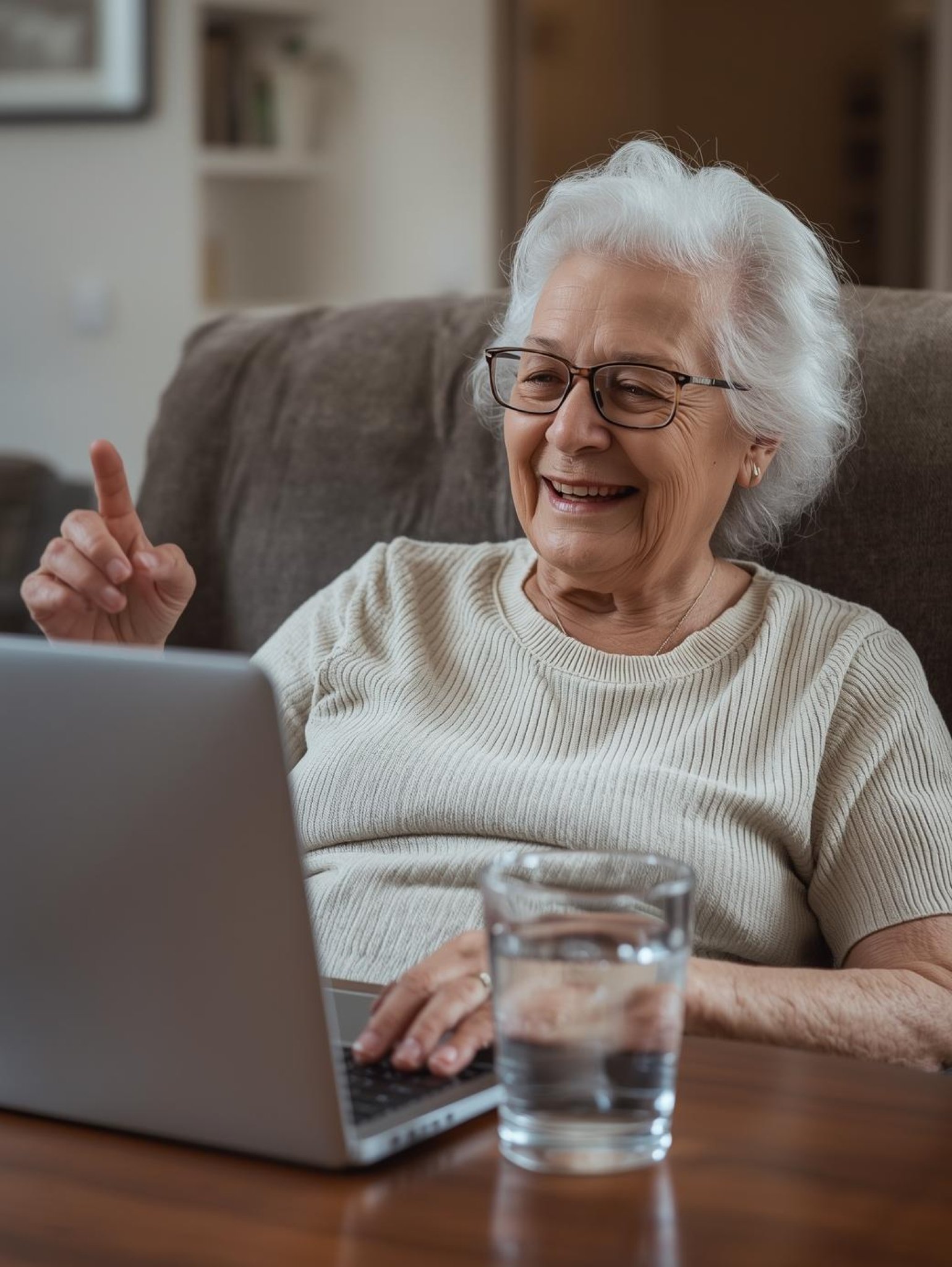 Elderly woman smiling during a video call, representing the relaxed Zoom interview used for memoir writing.