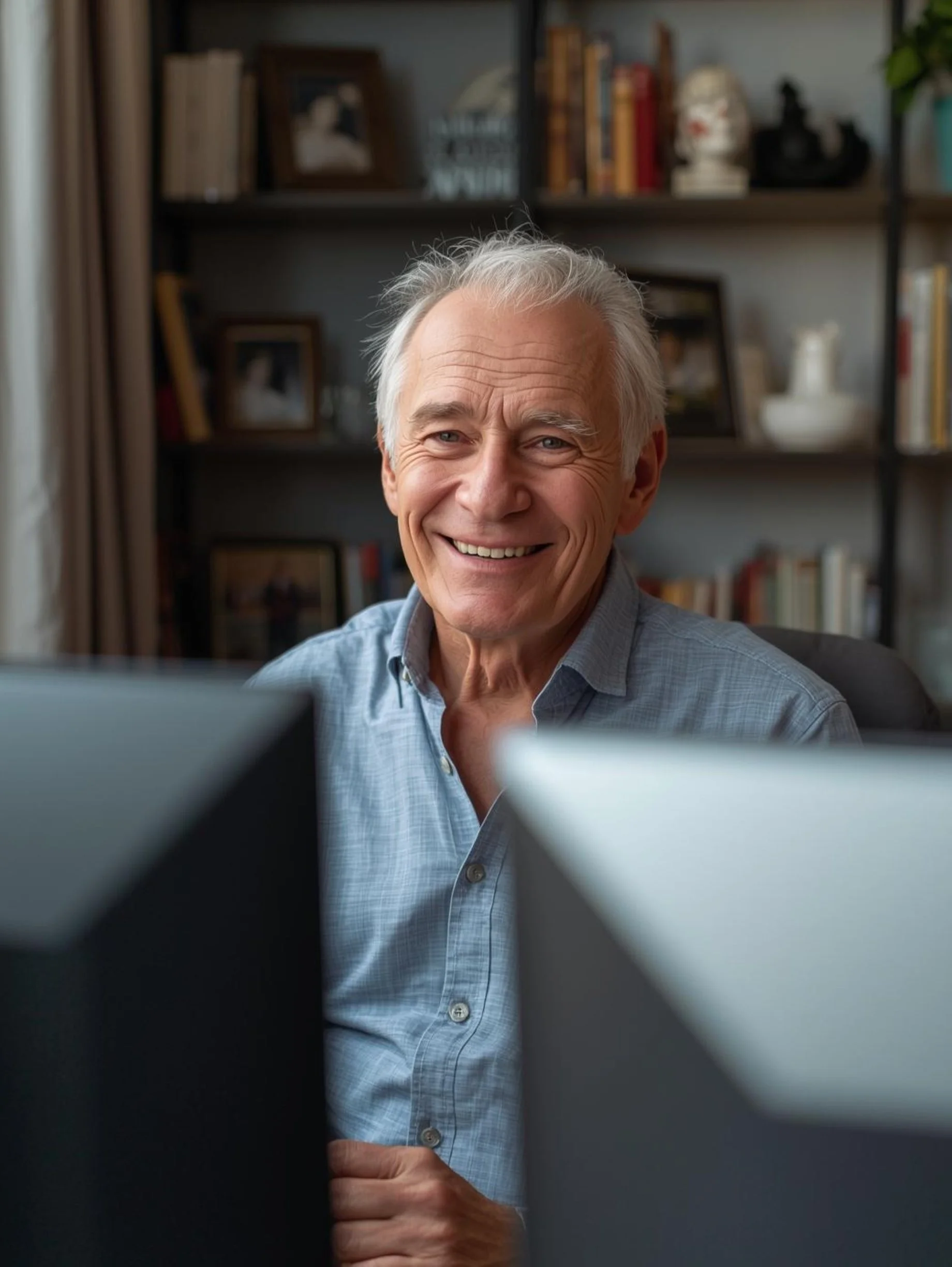 Elderly man sitting at a computer, symbolising the simple, guided process of writing a memoir.