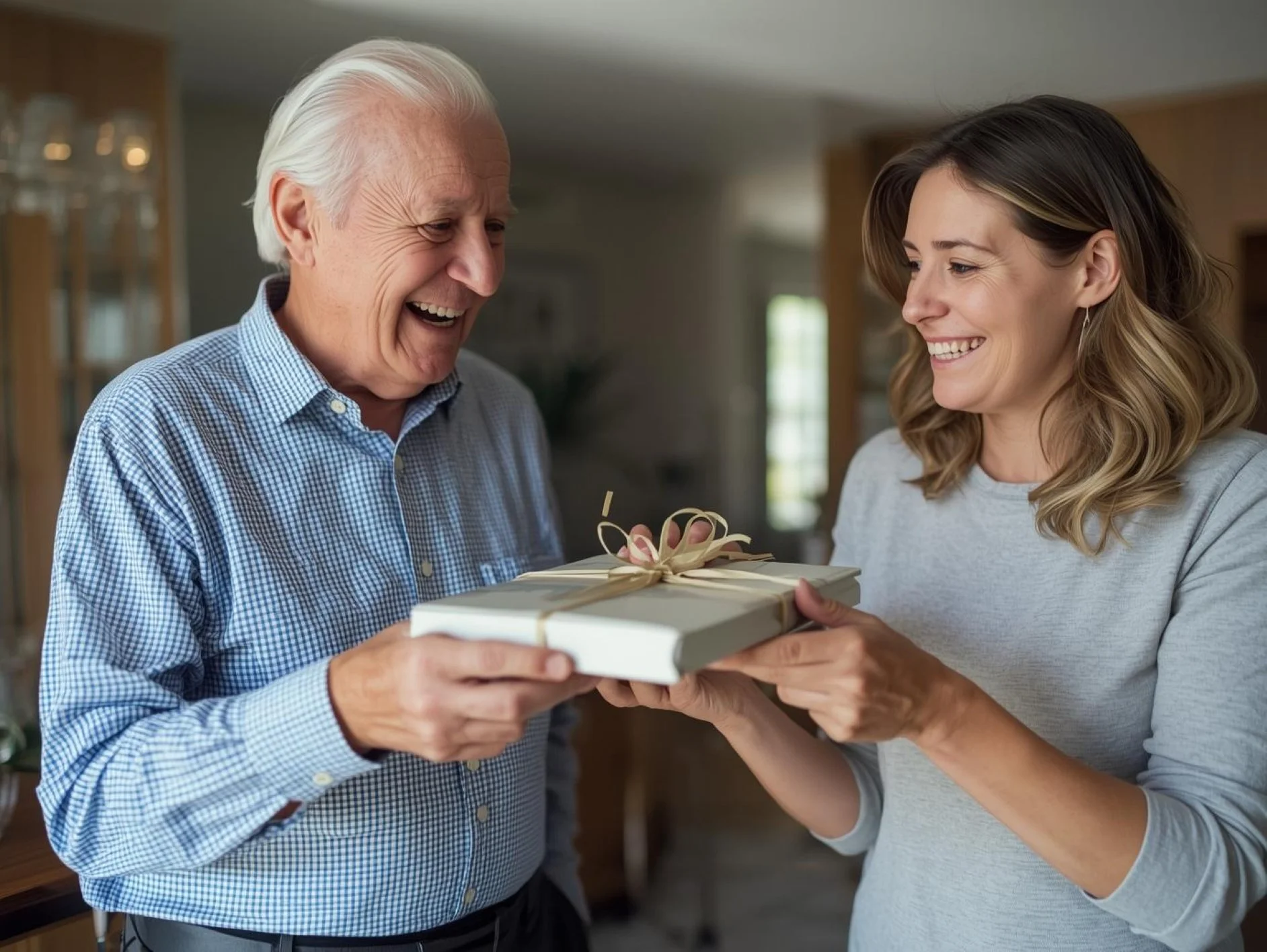 Older man smiling as his daughter offers him a homemade cake, celebrating meaningful family moments worth preserving