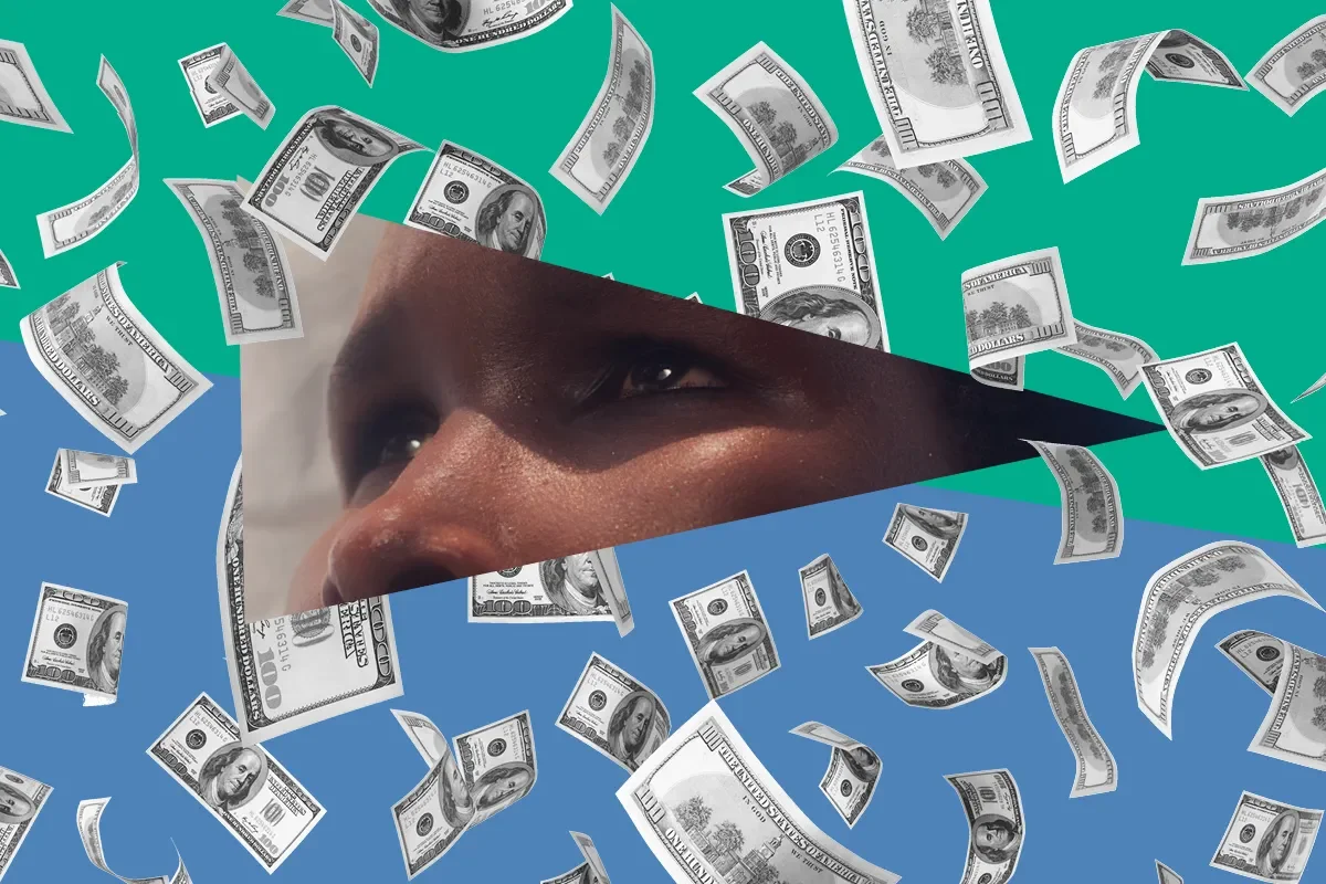 A collage featuring a close-up of a person's eyes with a colorful background divided into teal, blue, and green sections, and scattered rising $100 bills.