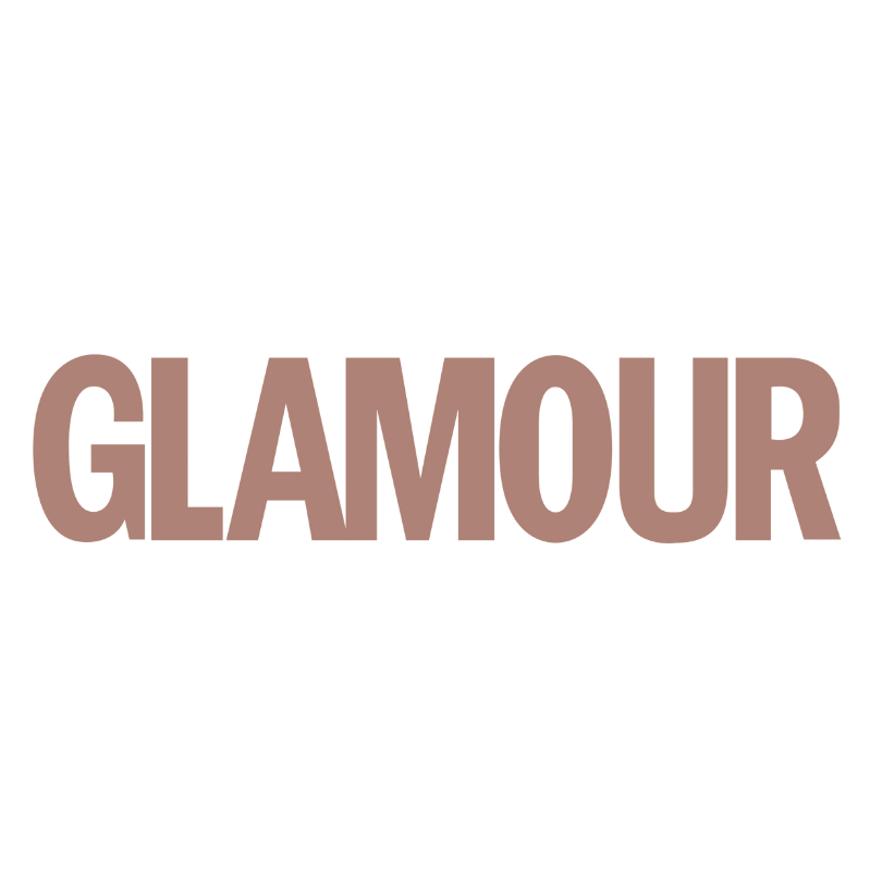 Glamour magazine logo in large, bold, pink letters on a black background.