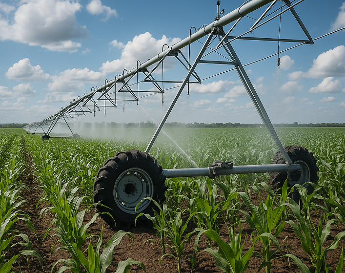 Center pivot irrigation system watering a lush green cornfield under a partly cloudy sky.