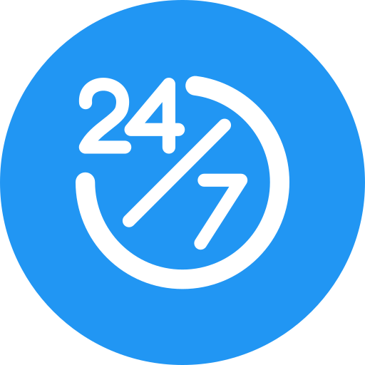 Blue circular icon with white text and graphics indicating 24/7 availability, featuring a clock with hands pointing at 12 and 3.