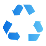 Recycling symbol with blue arrows forming a triangle.