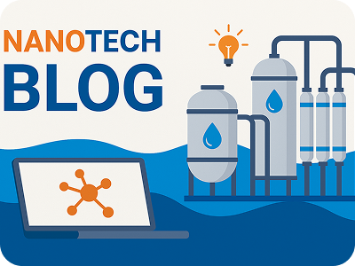 Illustration of nanotechnology blog with a laptop displaying a molecular structure, containers with liquid, and a lightbulb icon, representing scientific innovation.