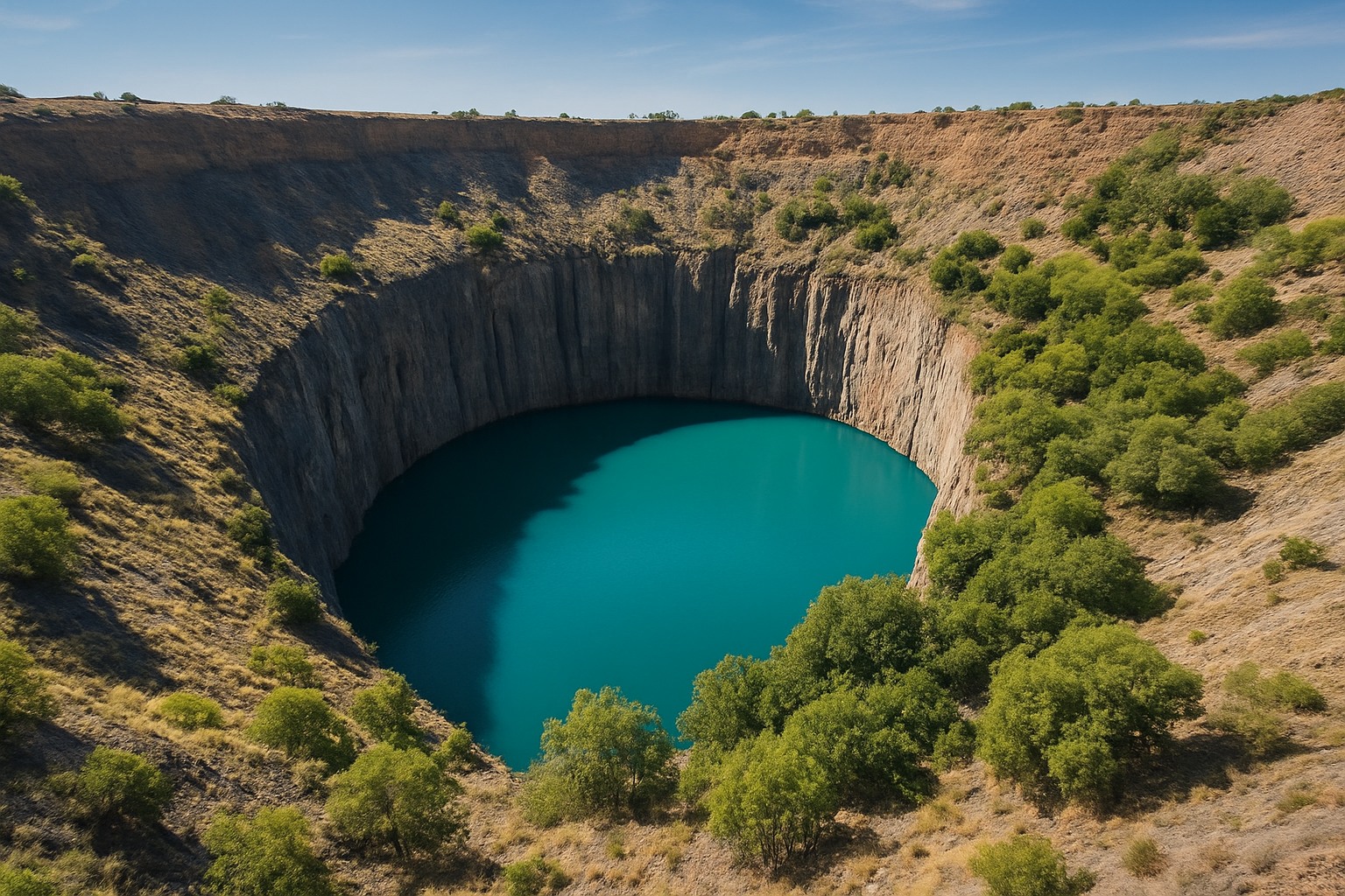 A large, circular water reservoir with steep rocky walls and sparse green vegetation around it, under a clear blue sky.