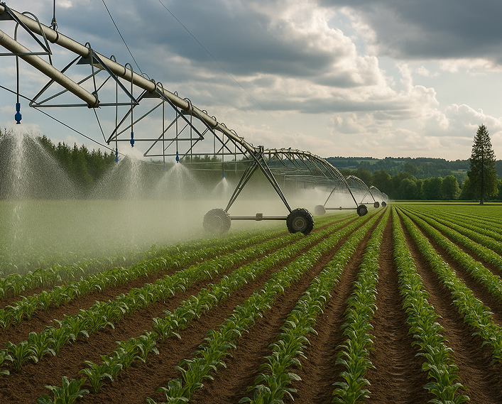 A large tractor-mounted irrigation system watering rows of young crops in a farm field under a cloudy sky.