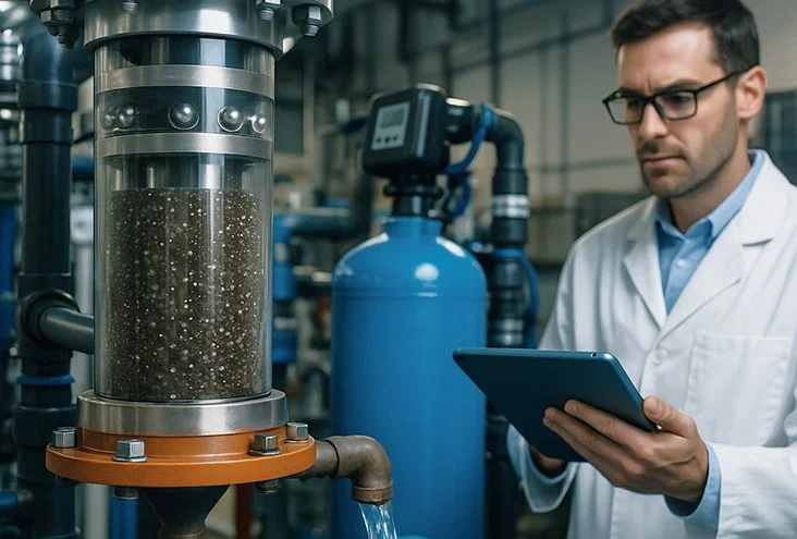 Scientist in a lab inspecting equipment with a tablet