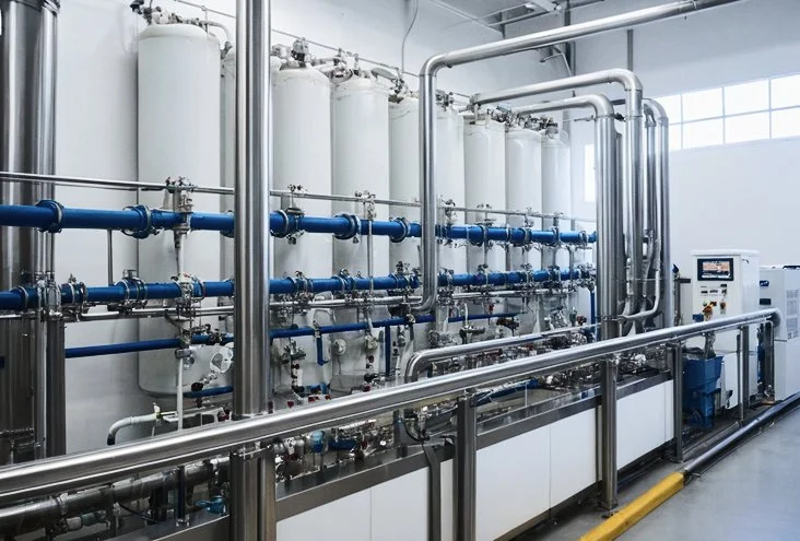 Industrial pipes and equipment in a modern facility.