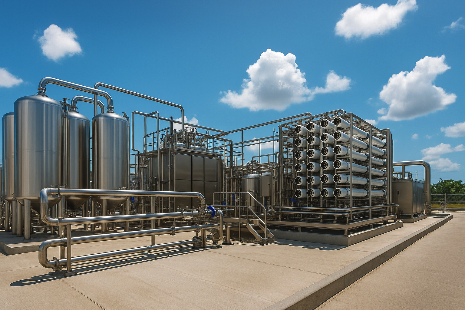 Industrial water treatment facility with stainless steel tanks, pipes, and filtration units under a blue sky with clouds.
