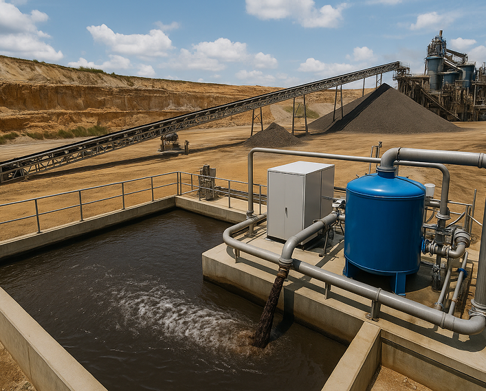 Industrial water treatment facility with pipes, a blue tank, and a settling basin, with an open-pit mine or quarry in the background under a partly cloudy sky.