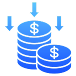 Stack of three gold coins with dollar signs, with three blue arrows pointing downward.