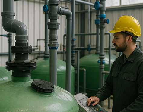 A man wearing a yellow hard hat working with industrial pipes and green tanks in a factory or processing plant.