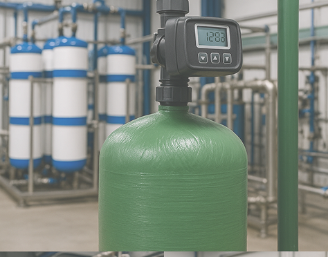 A green water filtration tank with a digital control panel in an industrial water treatment facility.