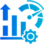Technology and data analytics icon featuring a bar chart, a gear, and a speedometer
