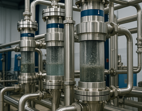 Close-up of stainless steel industrial pipes and valves in a processing plant.