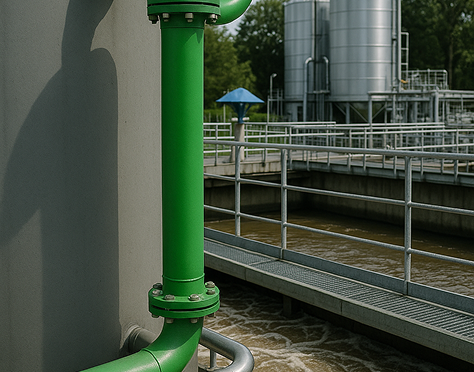 Industrial water treatment facility with green pipe, water flowing, and metal tanks in background