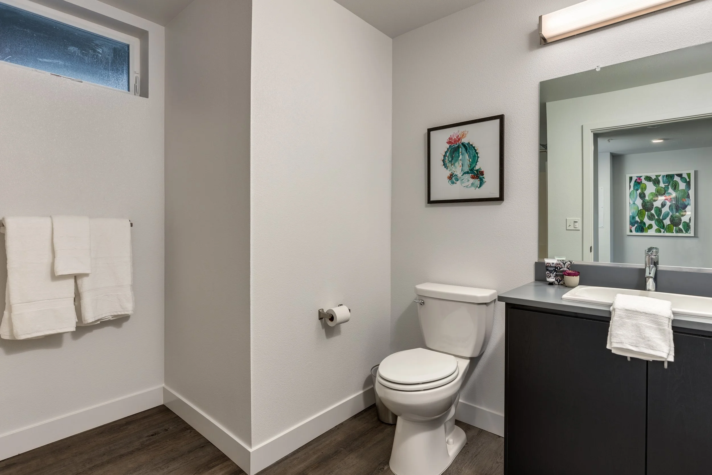 Modern bathroom with white walls, a toilet, a black vanity with a white sink, a large mirror, and a framed cactus painting on the wall. Towel bars with white towels, a small window, and wood-look flooring.