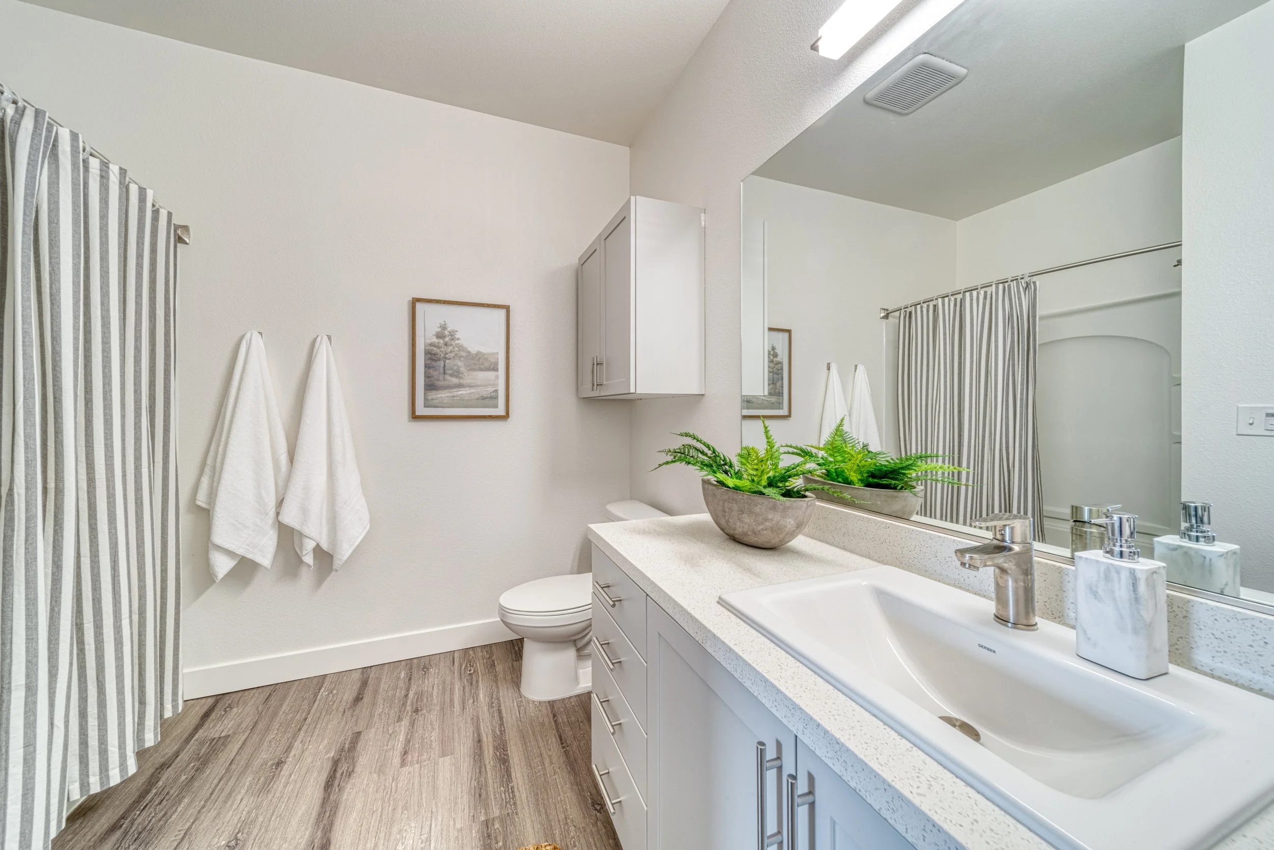 A modern bathroom with a white vanity, large mirror, and a sink with a chrome faucet. There are two hand towels on the wall, a potted fern on the countertop, and a framed picture on the wall. A bathtub with a striped shower curtain is partially visib