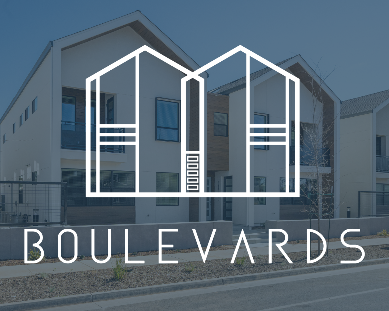 Line drawing of a house with the word 'BOULEVARS' below it over a background of modern apartment buildings.