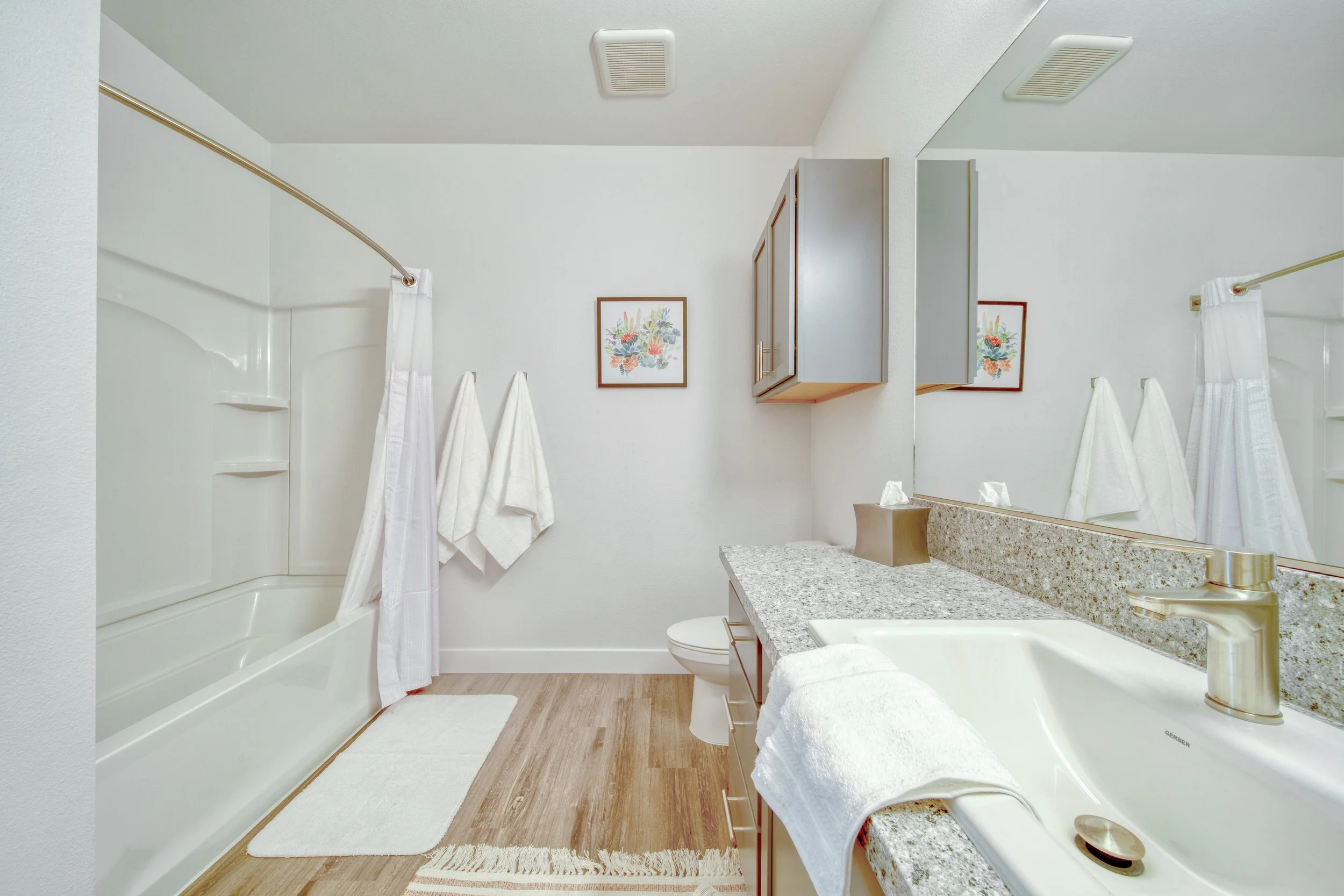 Bathroom with a shower and bathtub on the left, towels hanging on the wall, a toilet, a granite countertop with a sink, a mirror, a tissue box, and a small wall cabinet, with framed artwork and wooden flooring.