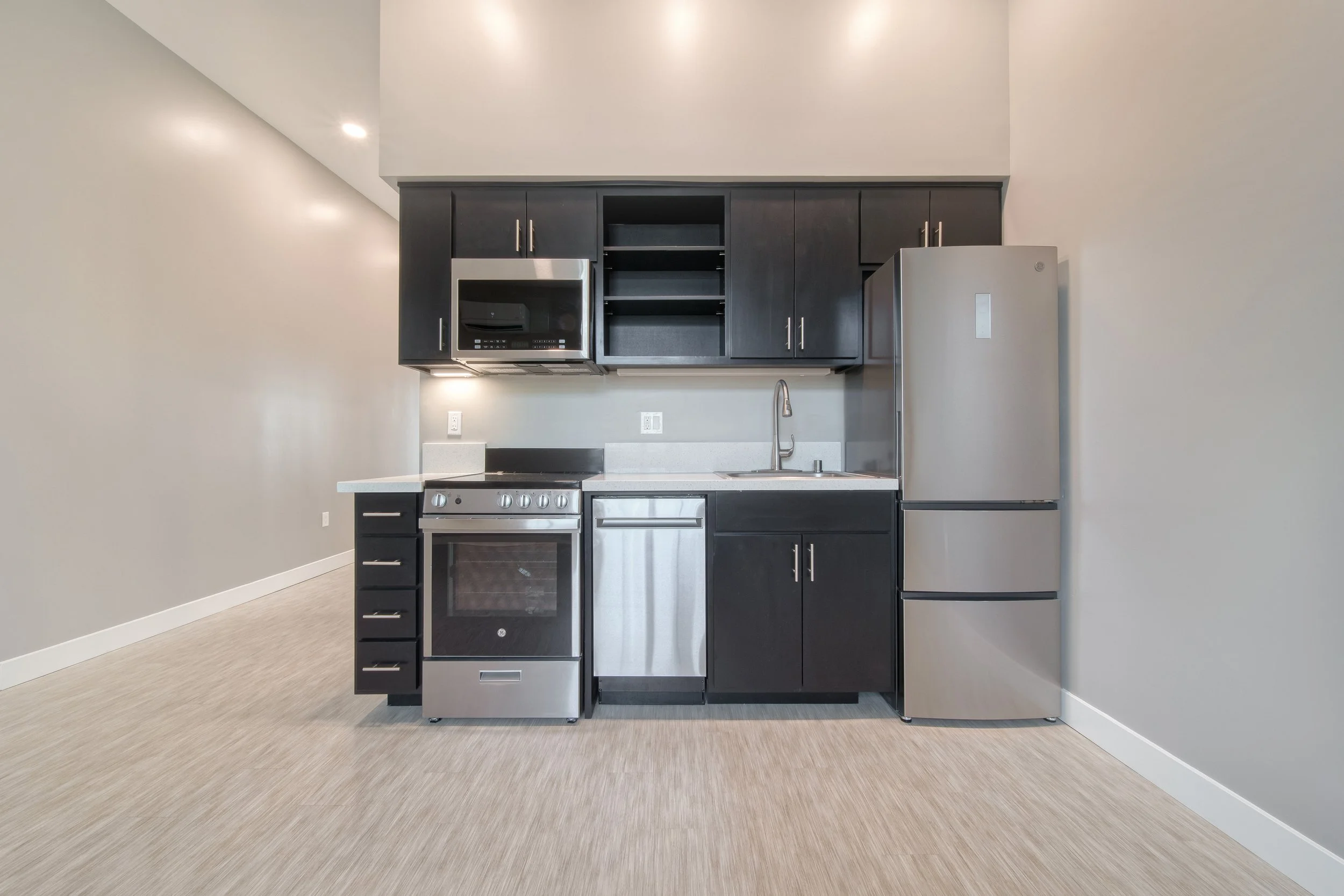Modern kitchen with black cabinets, stainless steel appliances, and beige flooring.