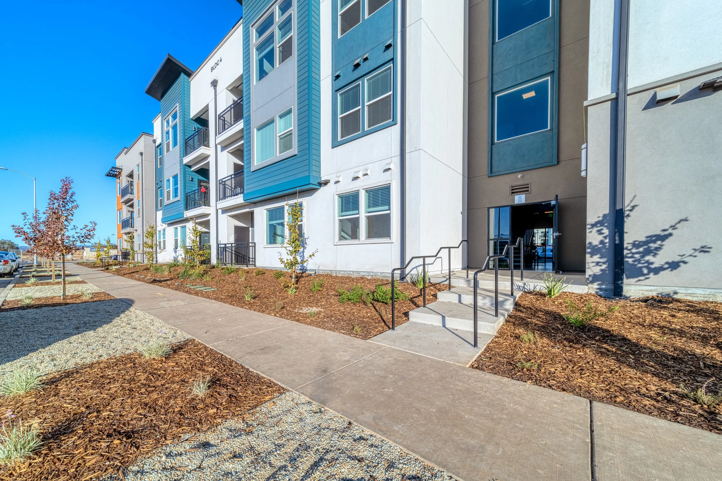 Modern multi-story apartment building with blue and gray exterior, steps leading to entrance, landscaped sidewalk with young trees, and parked cars nearby under clear blue sky.
