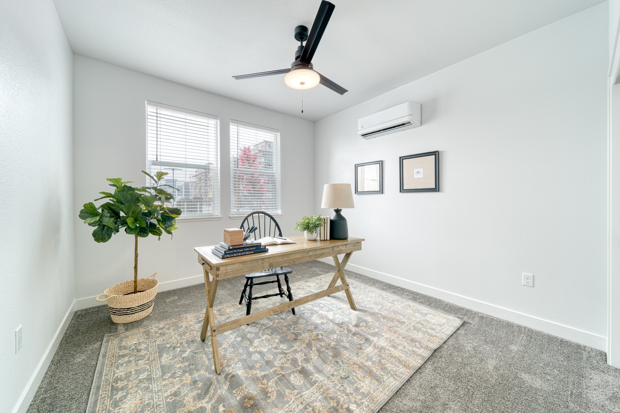 A bright home office with white walls, three windows with blinds, a ceiling fan, an air conditioning unit, framed artwork, a wooden desk with books, a lamp, and a plant in a woven basket on a rug.