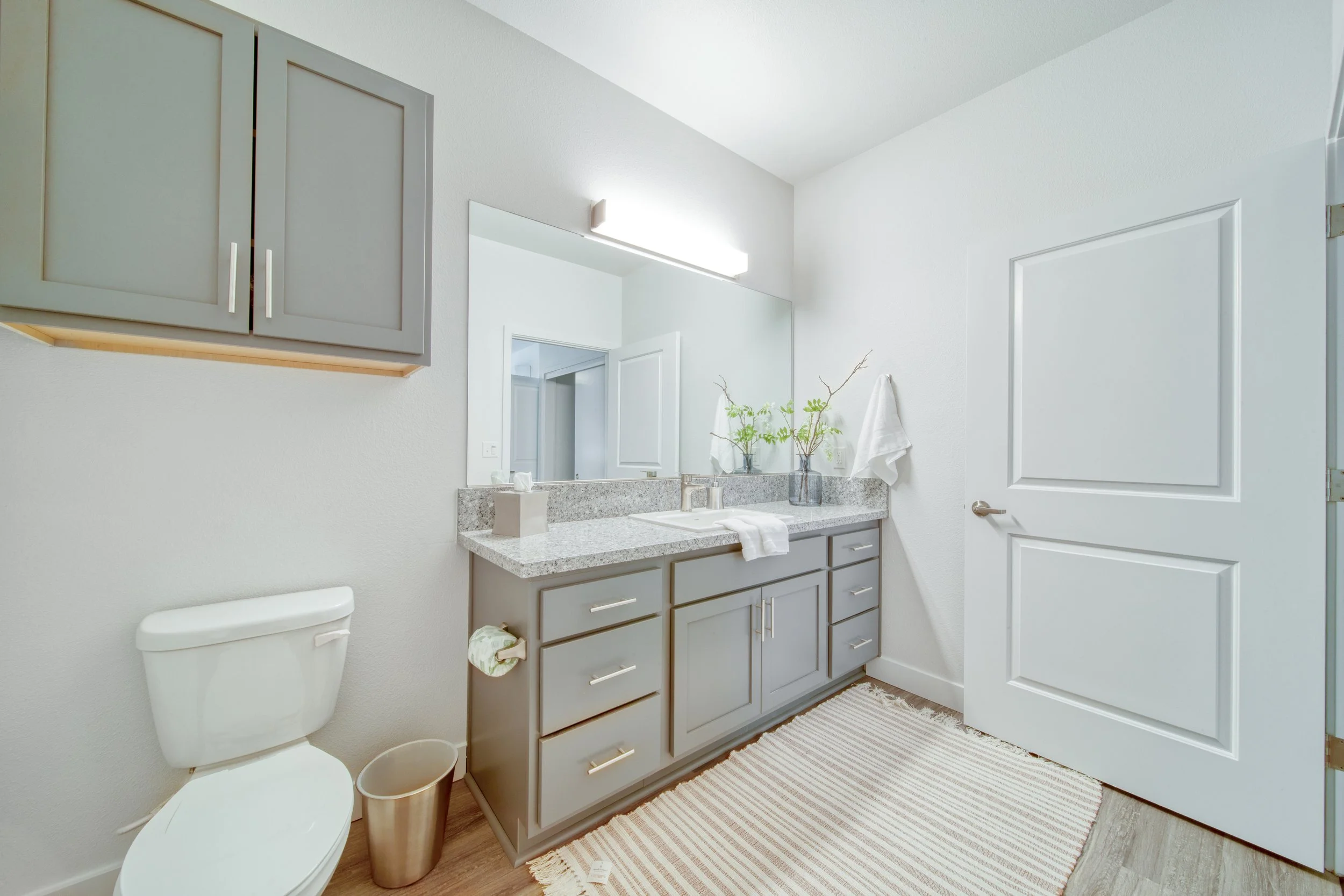 Modern bathroom with gray vanity, granite countertop, large mirror, white walls, toilet, decorative vases with branches, towels, and a striped rug.