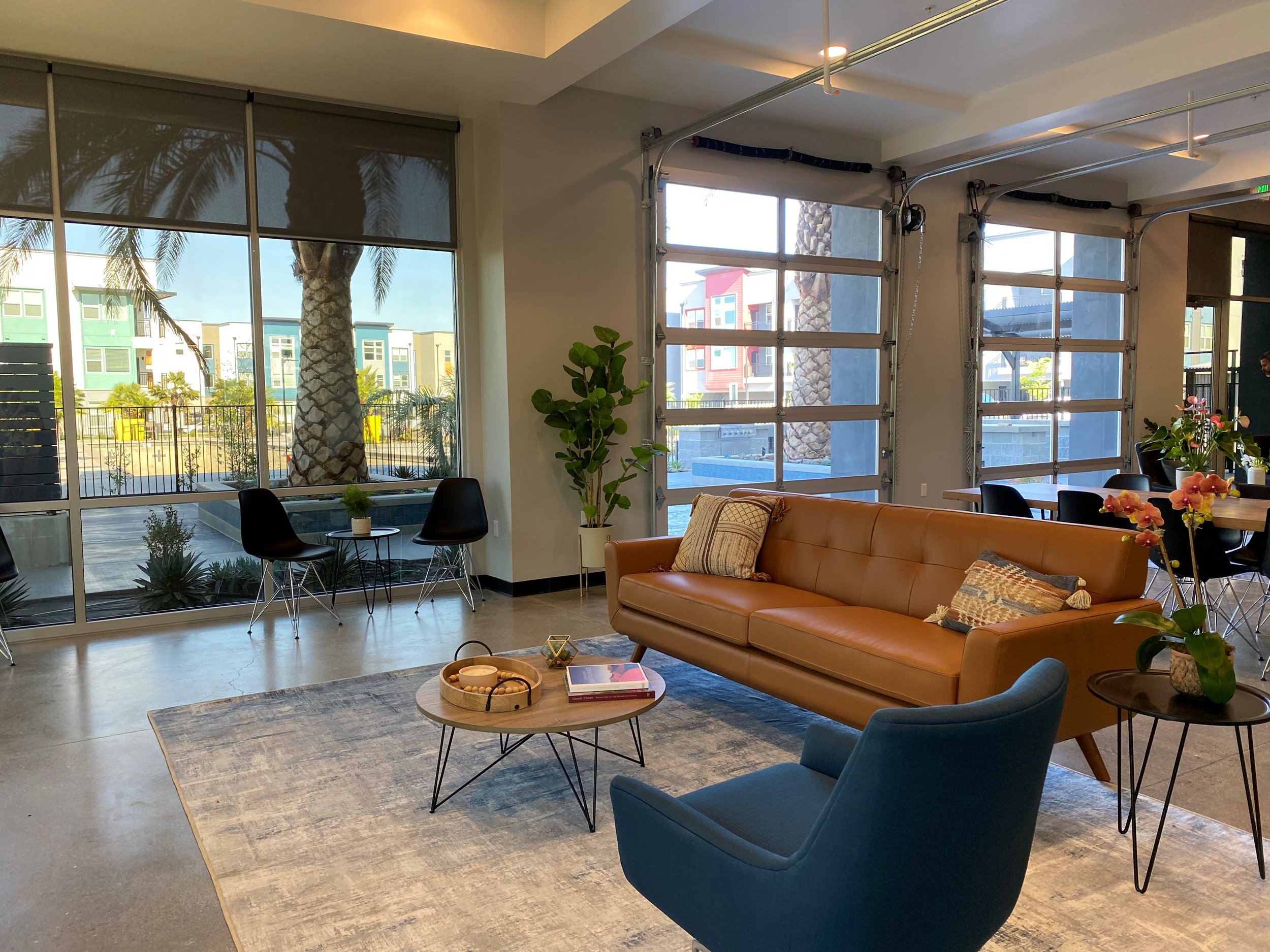 Modern living room with large windows showing outdoor palm trees and colorful buildings, a leather sofa with decorative pillows, a blue armchair, and a coffee table with books and decor, complemented by potted plants and flowers.