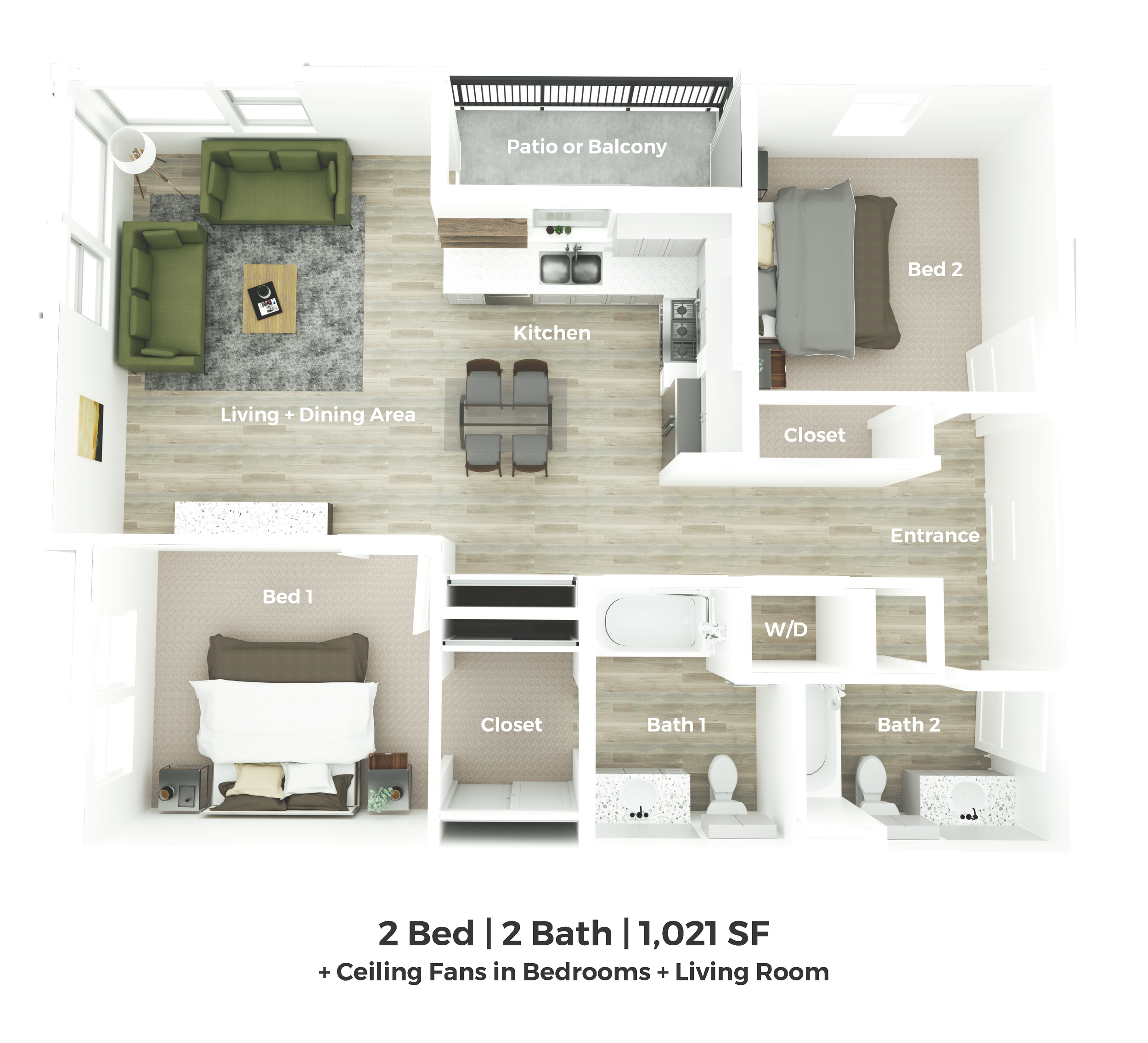 Floor plan of a two-bedroom, two-bath apartment with a living and dining area, kitchen, patio or balcony, two bedrooms with closets, and two bathrooms, totaling 1021 square feet.