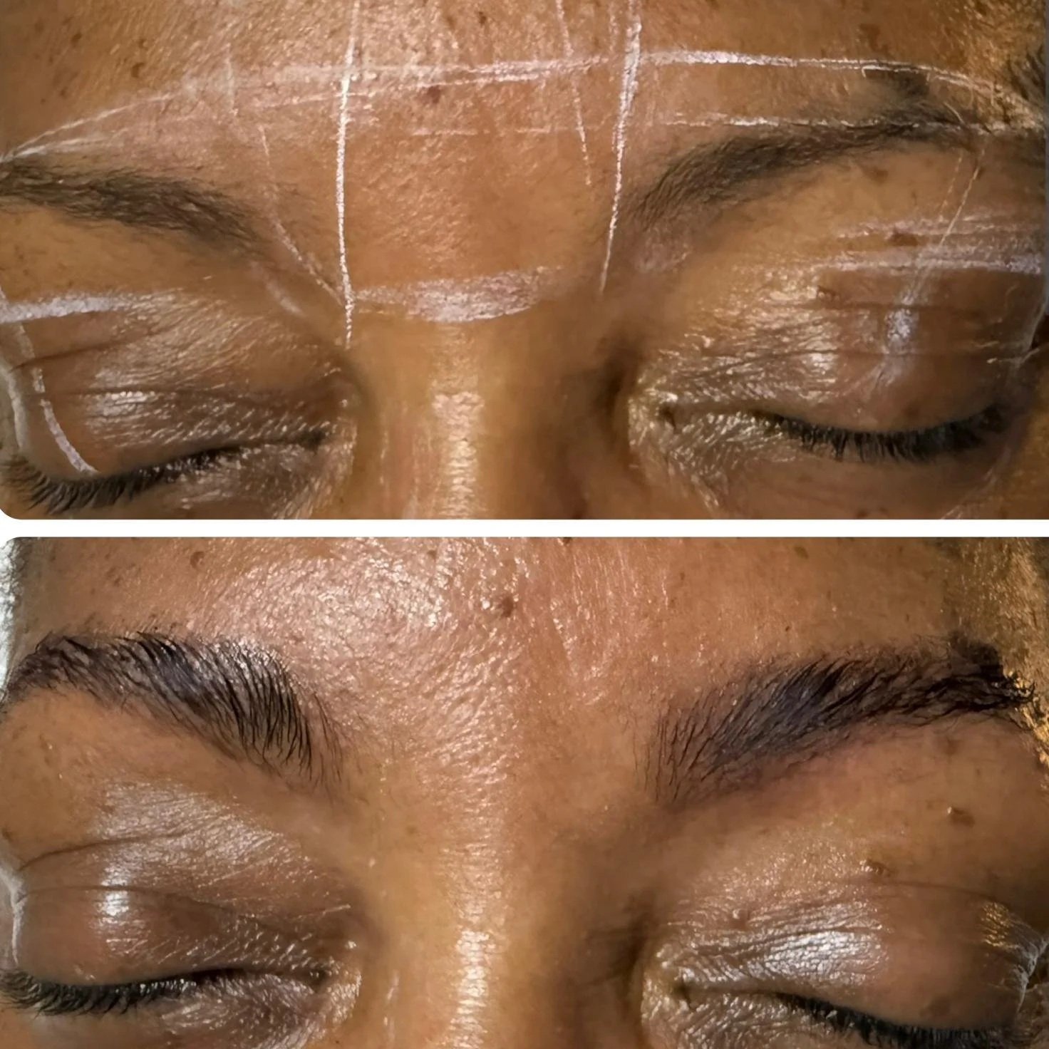 Close-up of a person's eyebrows and eyelids before and after eyebrow grooming, with visible white markings on the skin in the upper image and well-shaped eyebrows in the lower image.