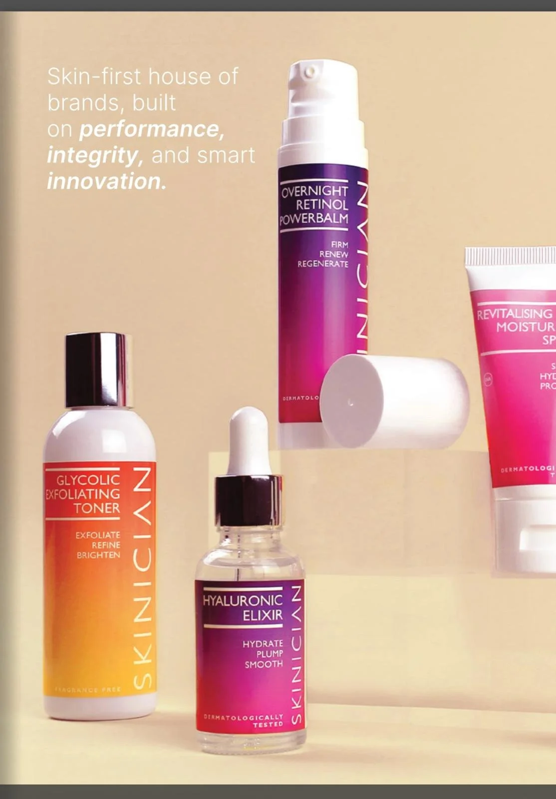 A display of skincare products including a glycolic exfoliating toner, a hyaluronic elixir, an overnight retinol power balm, and a revitalizing moisture gel, arranged on a beige background.